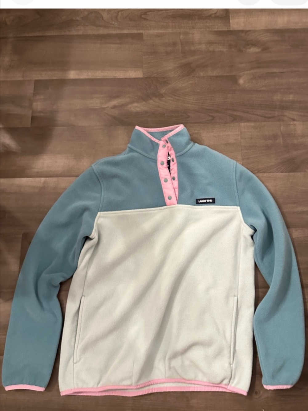 Lands’ End Two-Tone Fleece Pullover Women’s Small Teal Cream Pink Snap Neck